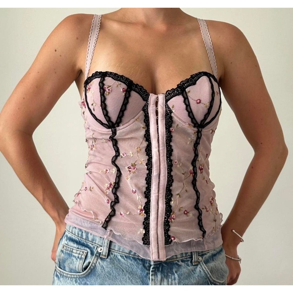 Rampage Pink Floral Embroidered Mesh Bustier Corset Top Black Lace Trim 34B Y2K‎ - Picture 2 of 12